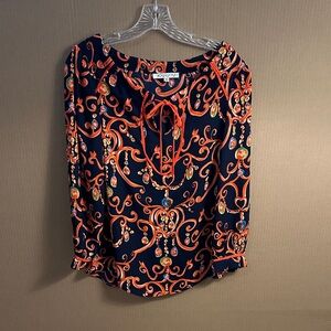 Joy Joy Women's Navy and Orange Patterned Blouse